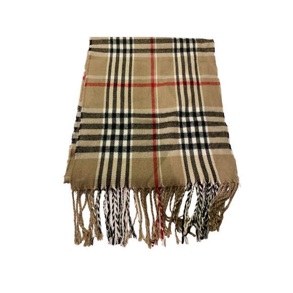 Scarf Beige Plaid Scarf Unisex Fringe Scarf - Picture 3 of 5